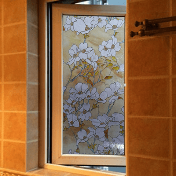 YM YOUMU 3D Static Cling Window Films Frosted Stained Camellia Glass Sticker Privacy Home Decor