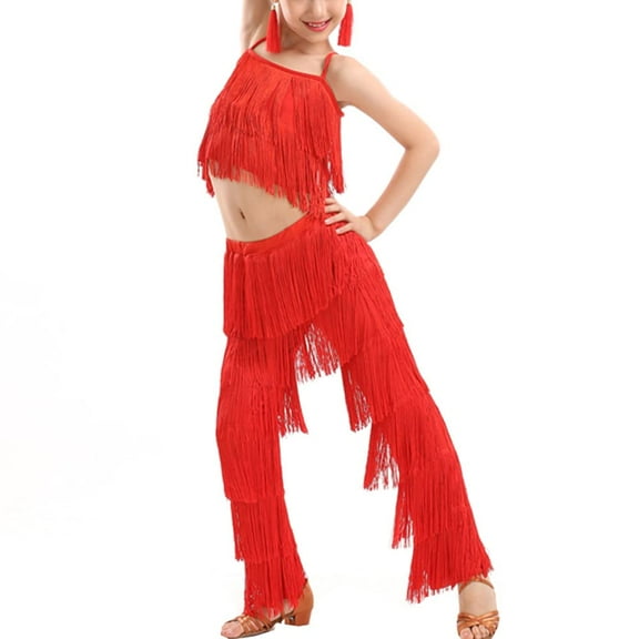 YM YOUMU Girls 2 Piece Set Latin Ballroom Dance Costume Set Tassel Camisole Fringe Pants Modern Salsa Dancewear