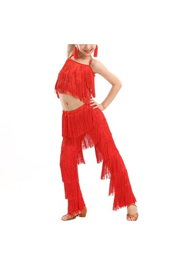 Girls 2 Piece Set Latin Ballroom Dance Costume Set Tassel Camisole Fringe Pants Modern Salsa Dancewear