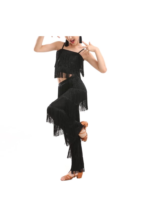 Girls 2 Piece Set Latin Ballroom Dance Costume Set Tassel Camisole Fringe Pants Modern Salsa Dancewear