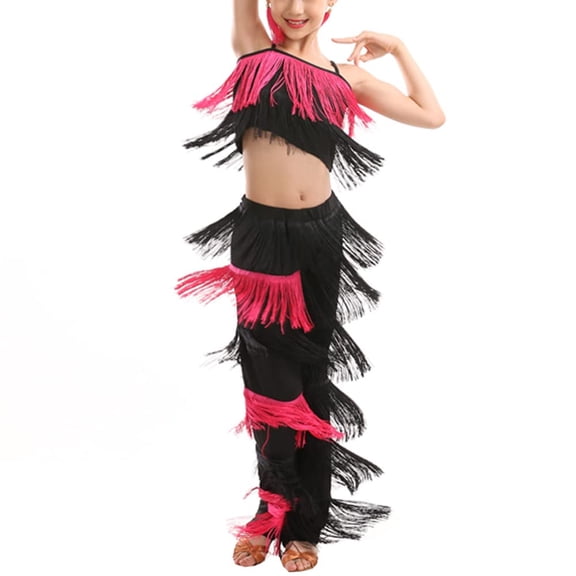 YM YOUMU Girls 2 Piece Set Latin Ballroom Dance Costume Set Tassel Camisole Fringe Pants Modern Salsa Dancewear