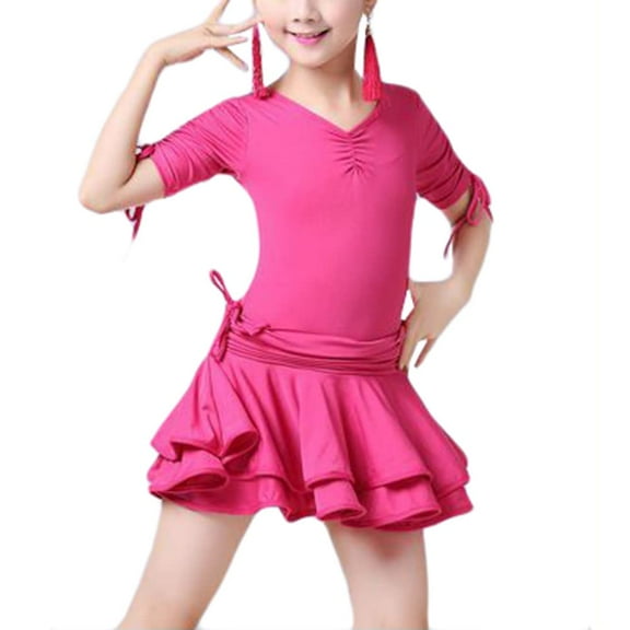 YM YOUMU Girls Latin Dance Dress V-neck Short Sleeve for Ballroom Salsa Practice