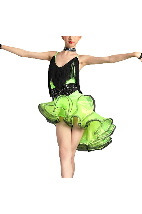 Kids Girl Tassel Ruffle Latin Tango Dress Irregular Mesh Fringe Competition Dancewear