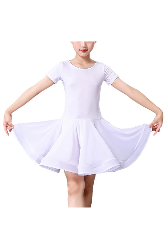 Kids Girls Latin Short Sleeves Dance Dress Tutu Ballet Ballroom Performance Dancewear