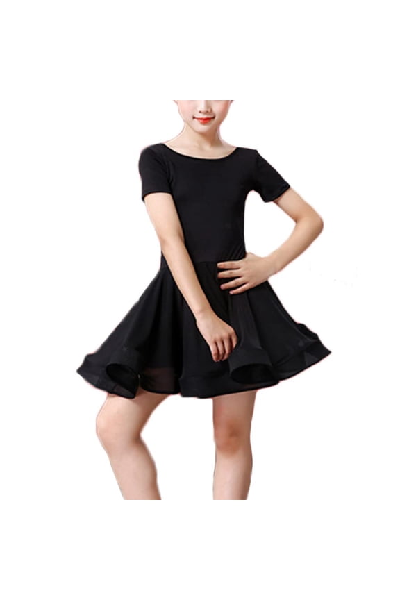 Kids Girls Latin Short Sleeves Dance Dress Tutu Ballet Ballroom Performance Dancewear