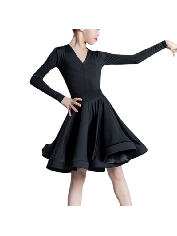 Kids Girls Long Sleeve Latin Dance Dress Ballrom Tango Performance Dancewear