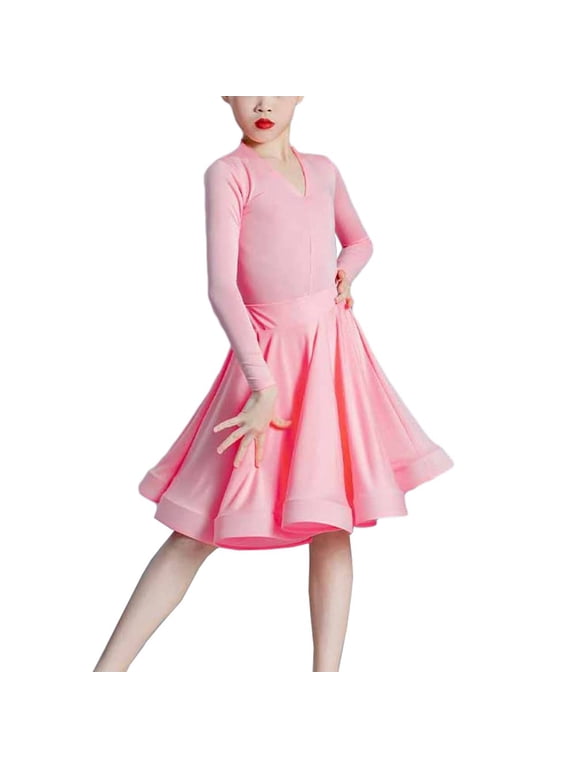 Kids Girls Long Sleeve Latin Dance Dress Ballrom Tango Performance Dancewear