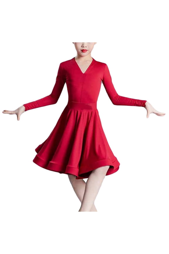 Kids Girls Long Sleeve Latin Dance Dress Ballrom Tango Performance Dancewear