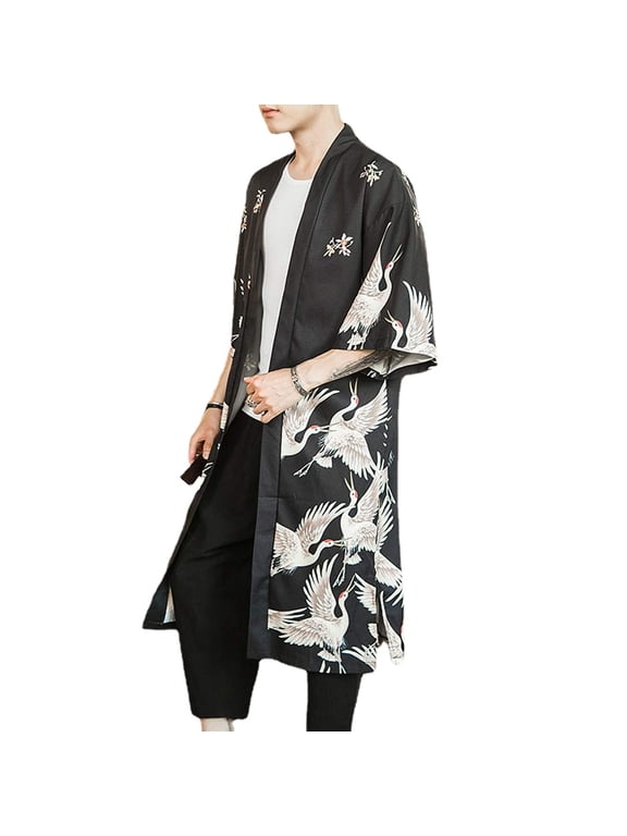 Men Japanese Loose Long Kimono Yukata Outwear Bathrobe Cardigan Tops