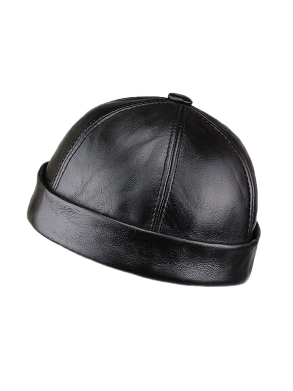 Unisex Beanie Hat Brimless Leather Rolled Cuff Cap Casual