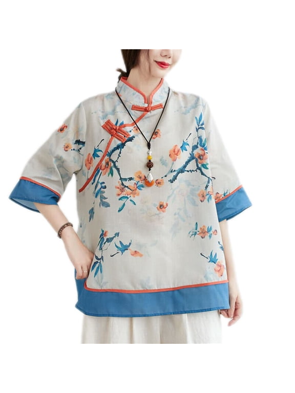 Women 3/4 Sleeves Chinese Ethnic Shirt Stand Up Frog Button Traditional Floral Printed Cheongsam Blouse