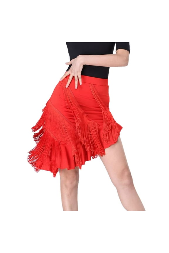Women Asymmetric Tassel Tiered Latin Dance Skirt Salsa Tango Ballroom Practice Dancewear