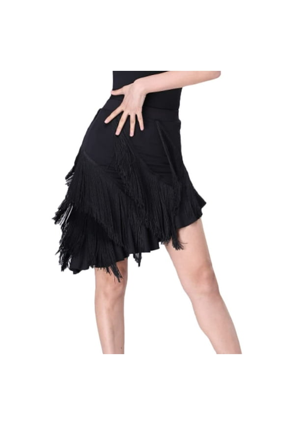 Women Asymmetric Tassel Tiered Latin Dance Skirt Salsa Tango Ballroom Practice Dancewear