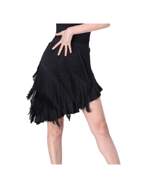 Women Asymmetric Tassel Tiered Latin Dance Skirt Salsa Tango Ballroom Practice Dancewear