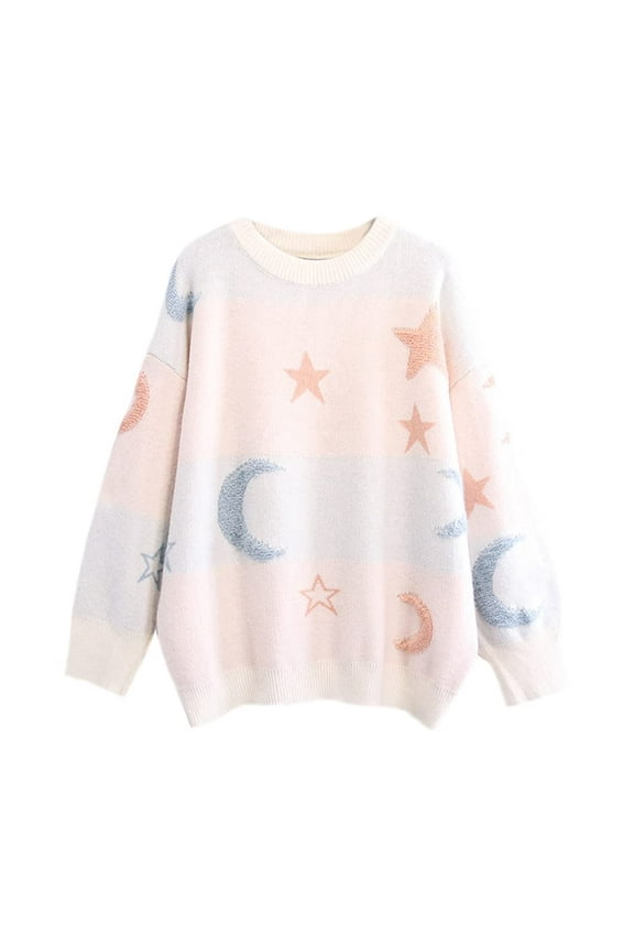 Women Autumn Winter Casual Stars Moon Sweater Crew Neck Pullover Jumper
