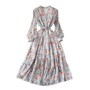 YM YOUMU Women Button Up Floral Print Chiffon Midi Dress with Belt Long Sleeves Ruffle