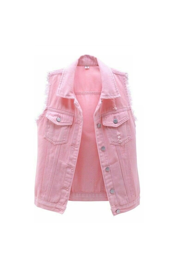Women Candy Color Slim Fit Sleeveless Distressed Denim Jean Vest Waistcoat Jacket