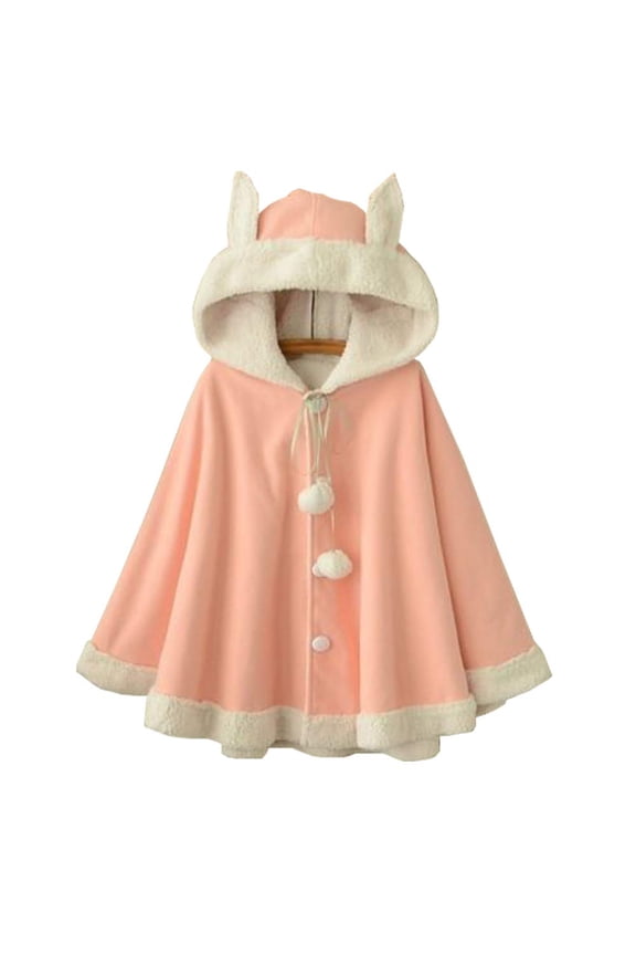 Women Cape Cloak Warm Fleece Ears Hooded Poncho Coat Winter