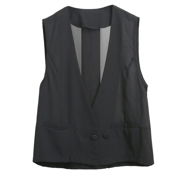 YM YOUMU Women Chiffon Vest Top V-neck Waistcoat with Pockets Sleeveless Double-breasted Loose Outerwear