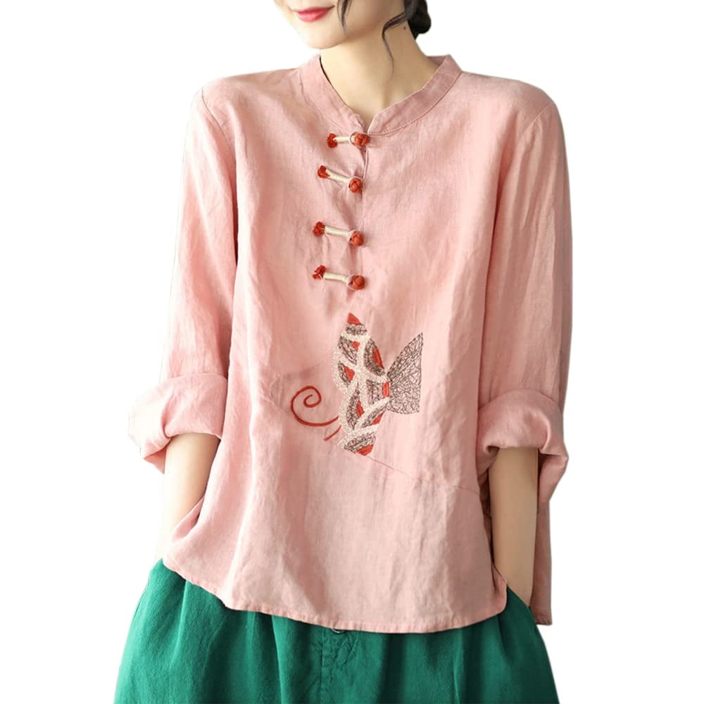 YM YOUMU Women Chinese Embroidered Shirt Cotton Linen Frog Button Long ...