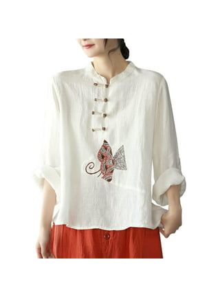 Ladies Oxford Grandad Mandarin Collar Shirt Top Chinese Oriental Work Smart  Band