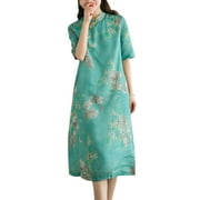 YM YOUMU Women Chinese Ethnic Cotton Linen Bamboo Printed Dress Mandarin Collar Loose Qipao Retro