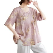 YM YOUMU Women Cotton Linen Floral Blouse Chinese Ethnic Qipao Shirt Tops