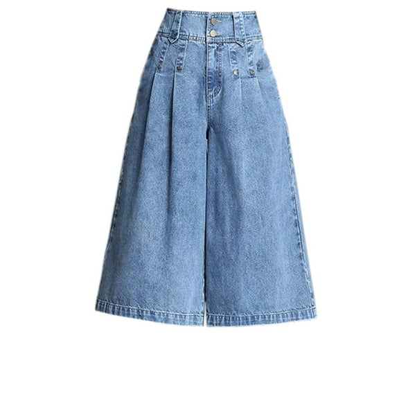 YM YOUMU Women Denim Wide Leg Pant High Waist Straight Cropped Trousers with Pocket Blue Jeans