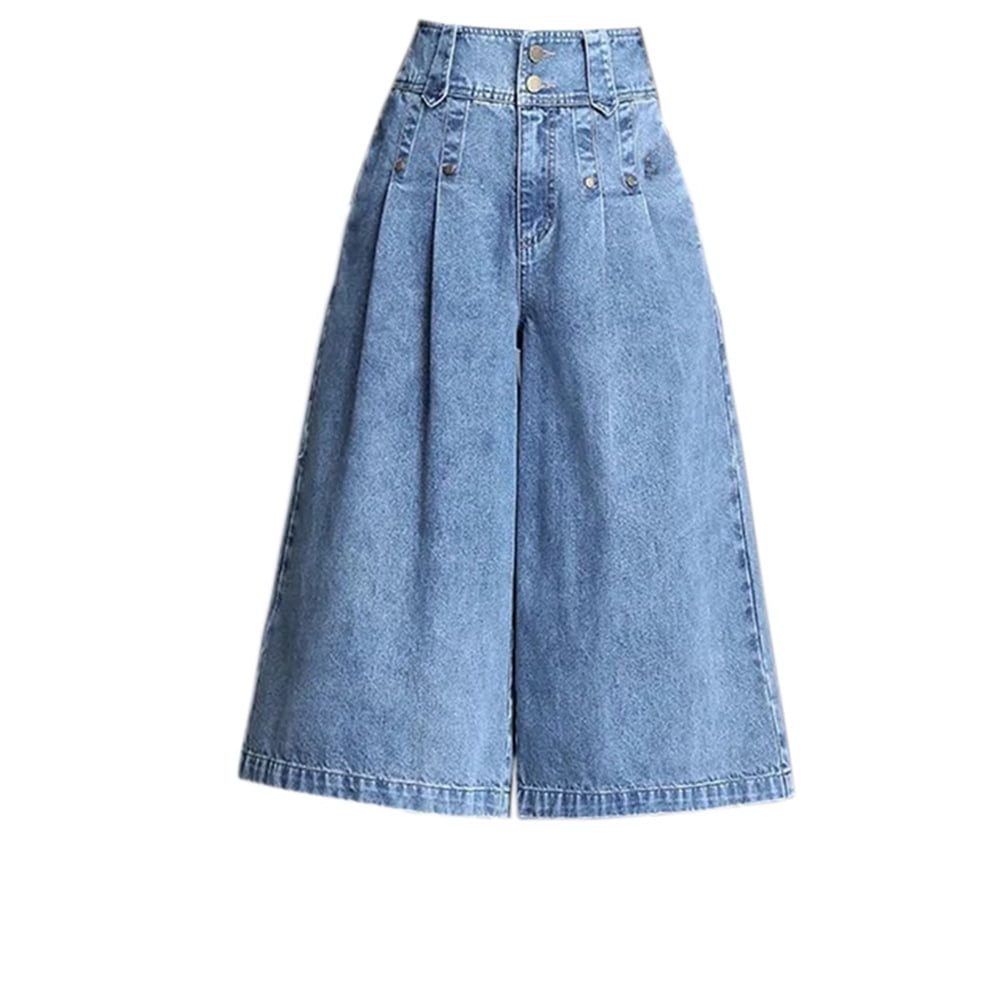 Women Denim Wide Leg Pants High Waist Straight Cropped Trousers with Pocket Blue Jeans