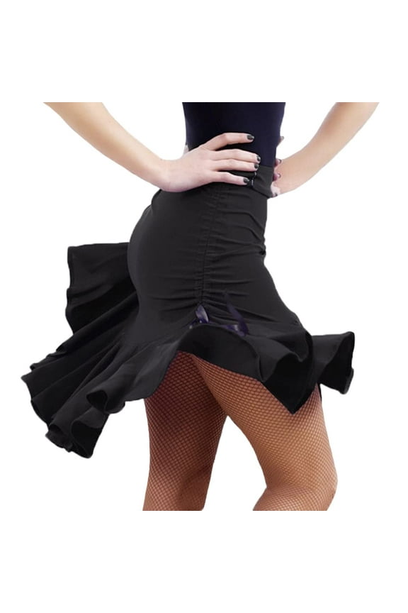 Women Drawstring Ruched Ruffle Latin Dance Skirt Irregular Ballroom Samba Chacha Tango Mini Skater Skirt