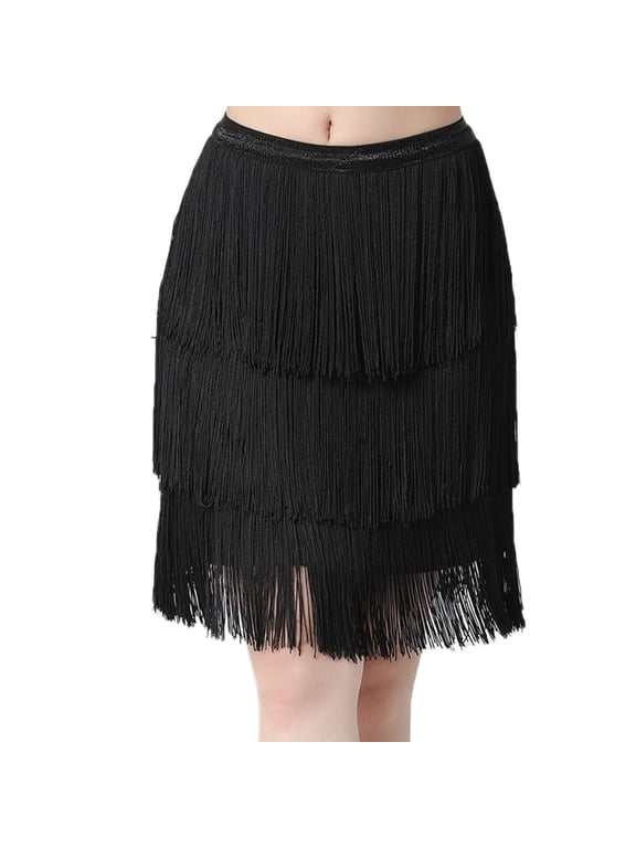 Women Elastic Waist 3 Layers Tassels Latin Dance Skirt for Tango Samba Rumba Ballroom Practice Dancewear