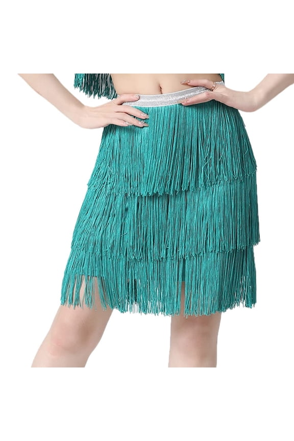 Women Elastic Waist 3 Layers Tassels Latin Dance Skirt for Tango Samba Rumba Ballroom Practice Dancewear