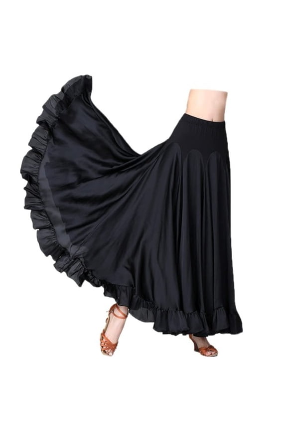 Women Elastic Waist Satin Ruffle Ballroom Skirt Modern Dance Swing Waltz Tango Dancewear