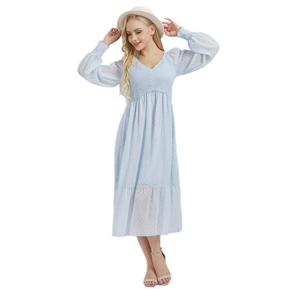 YM YOUMU Women Embroidered Dots V Neck Smocked Empire Waist Long Puff Sleeves Midi Chiffon Dress