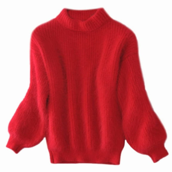 YM YOUMU Women Faux Mohair Fur Sweater Turtleneck Puff Sleeve Jumper Pullover Warm