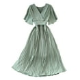 thumbnail image 1 of YM YOUMU Women Faux Wrap V Neck Flutter Short Sleeve Tie Waist Elegant Pleated Midi Flowy Party Dress, 1 of 3