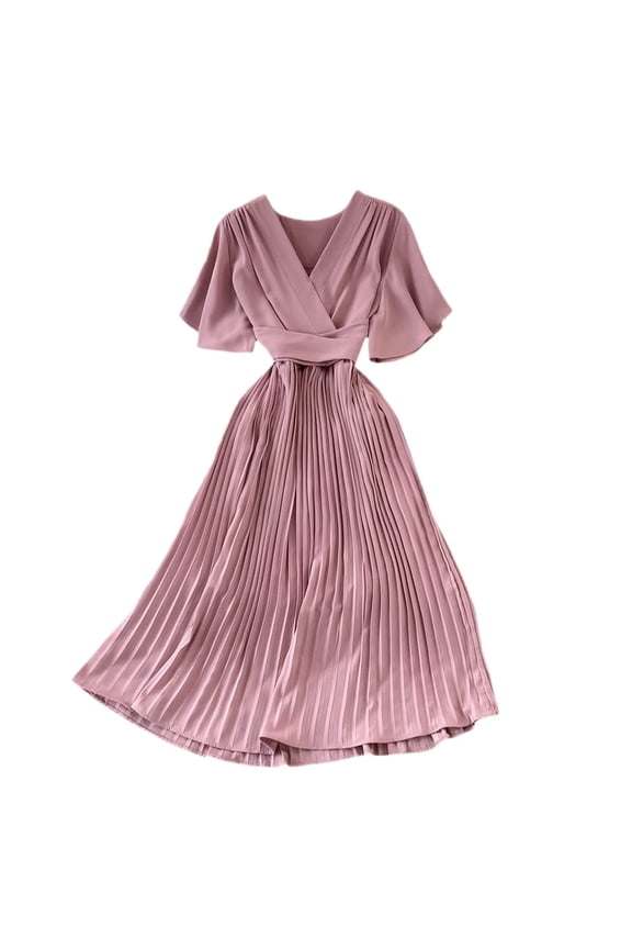 Women Faux Wrap V Neck Flutter Short Sleeve Tie Waist Elegant Pleated Midi Flowy Party Dress