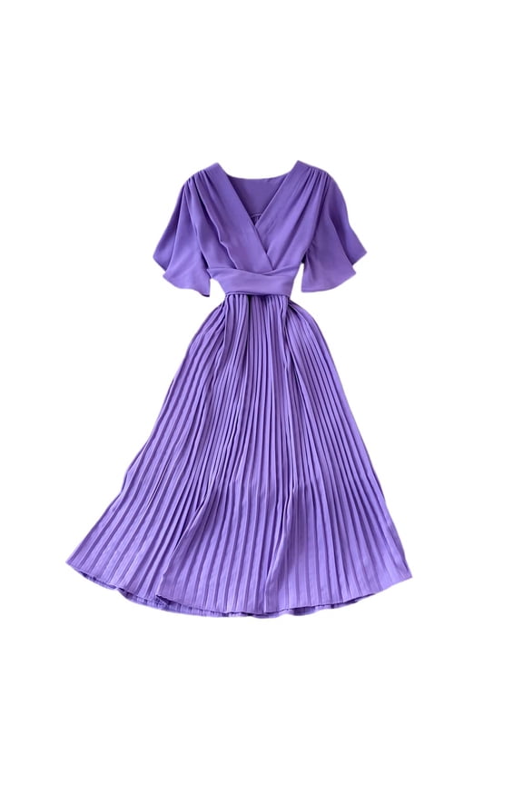 Women Faux Wrap V Neck Flutter Short Sleeve Tie Waist Elegant Pleated Midi Flowy Party Dress
