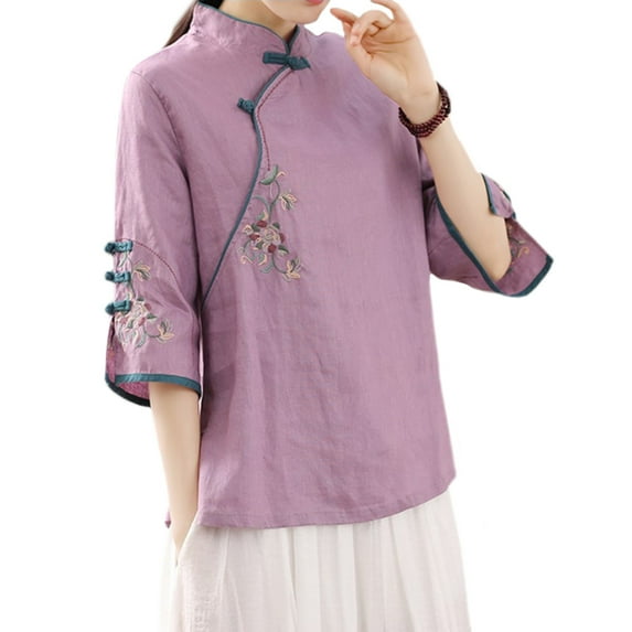 YM YOUMU Women Floral Blouse Ethnic Embroidery Floral Shirt 3/4 Sleeve Tops