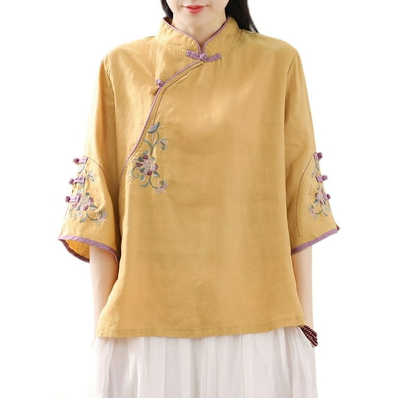 YM YOUMU Women Floral Blouse Ethnic Embroidery Floral Shirt 3/4 Sleeve Tops