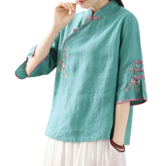 YM YOUMU Women Floral Blouse Ethnic Embroidery Floral Shirt 3/4 Sleeve Tops