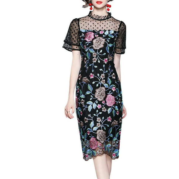 YM YOUMU Women Floral Embroidered Tulle A Line Casual Dress Sheer Short Sleeves Cocktail Dress