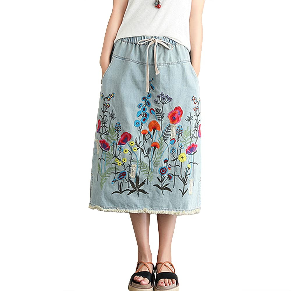 YM YOUMU Women Floral Embroidery Denim Skirt Drawstring Elastic Waist