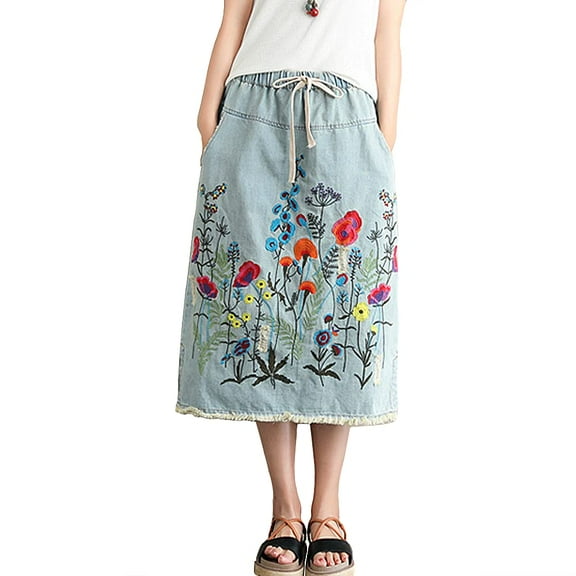 YM YOUMU Women Floral Embroidery Denim Skirt Drawstring Elastic Waist Side Slit Jean A Line Midi Skirt