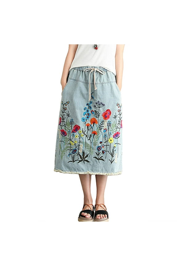 Women Floral Embroidery Denim Skirt Drawstring Elastic Waist Side Slit Jean A Line Midi Skirt