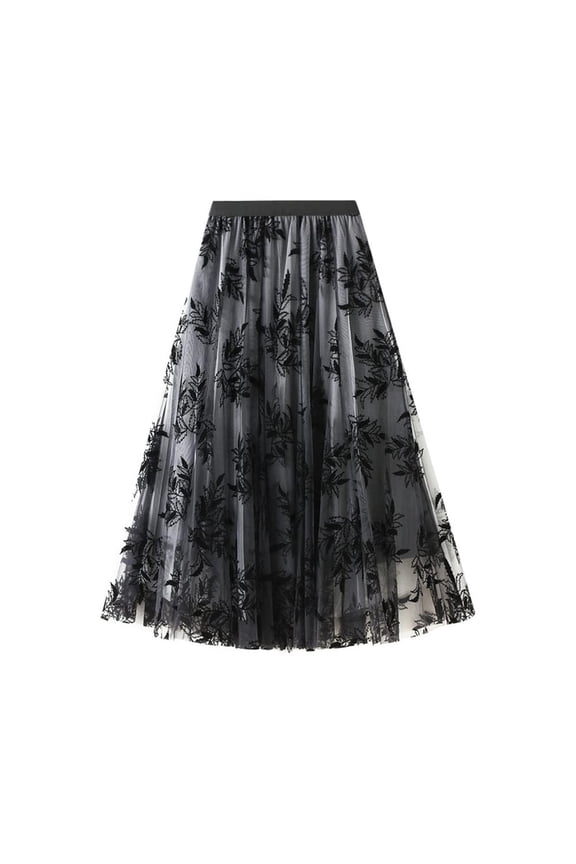 Women Floral Embroidery Mesh Skirt Tulle High Waist Elegant