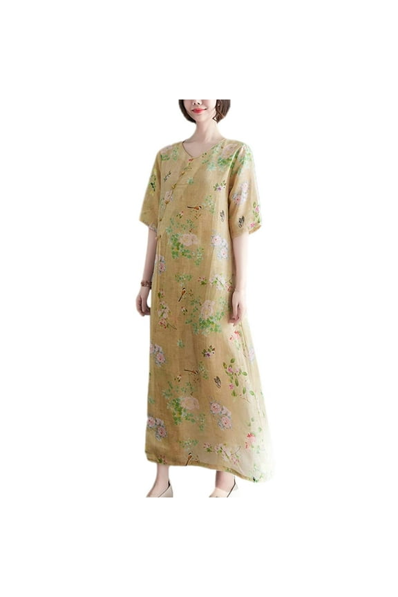 Women Floral Ethnic Dress Frog Button Half Sleeve Cheongsam Qipao