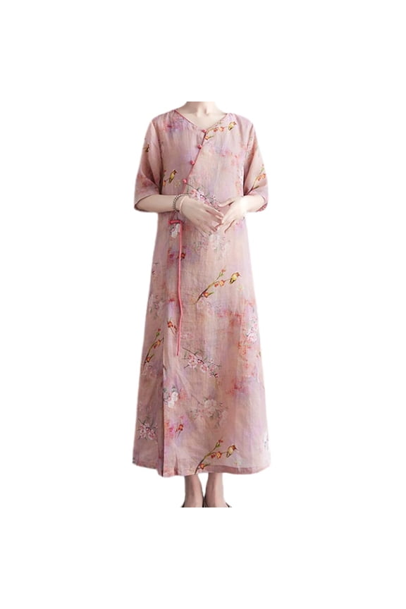 Women Floral Ethnic Dress Frog Button Half Sleeve Cheongsam Qipao