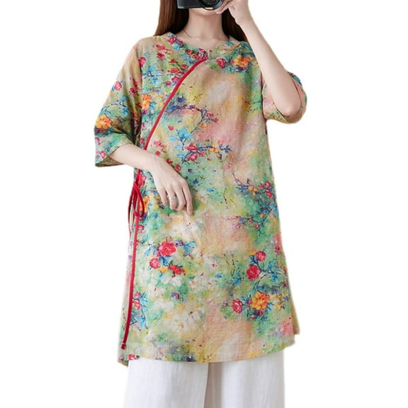 YM YOUMU Women Floral Ethnic Shirt Dress Frog Button Cheongsam Qipao Blouse Tops Casual