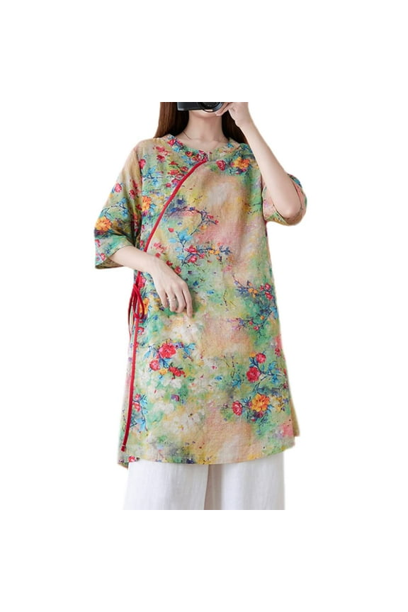 Women Floral Ethnic Shirt Dress Frog Button Cheongsam Qipao Blouse Tops Casual
